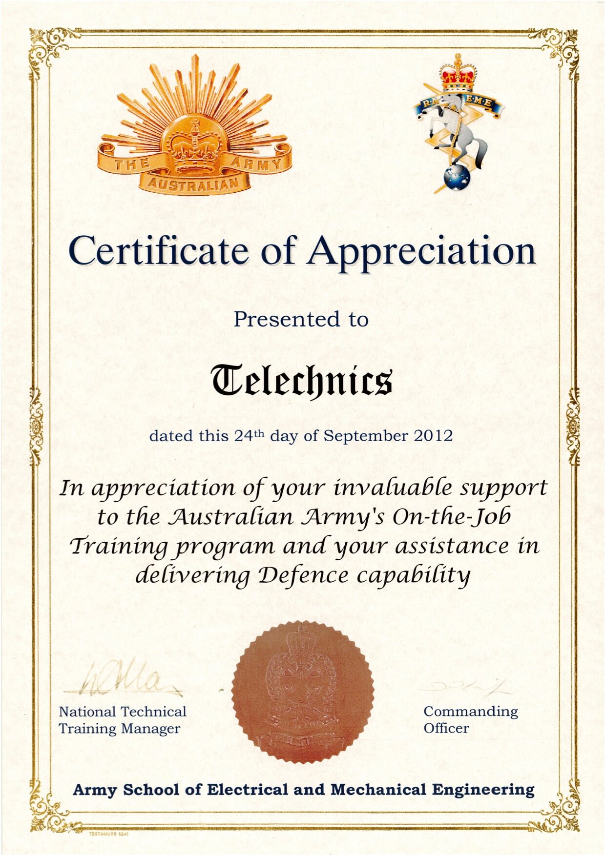 Army School of Electrical and Mechanical Engineering Telechnics Certificate of Appreciation