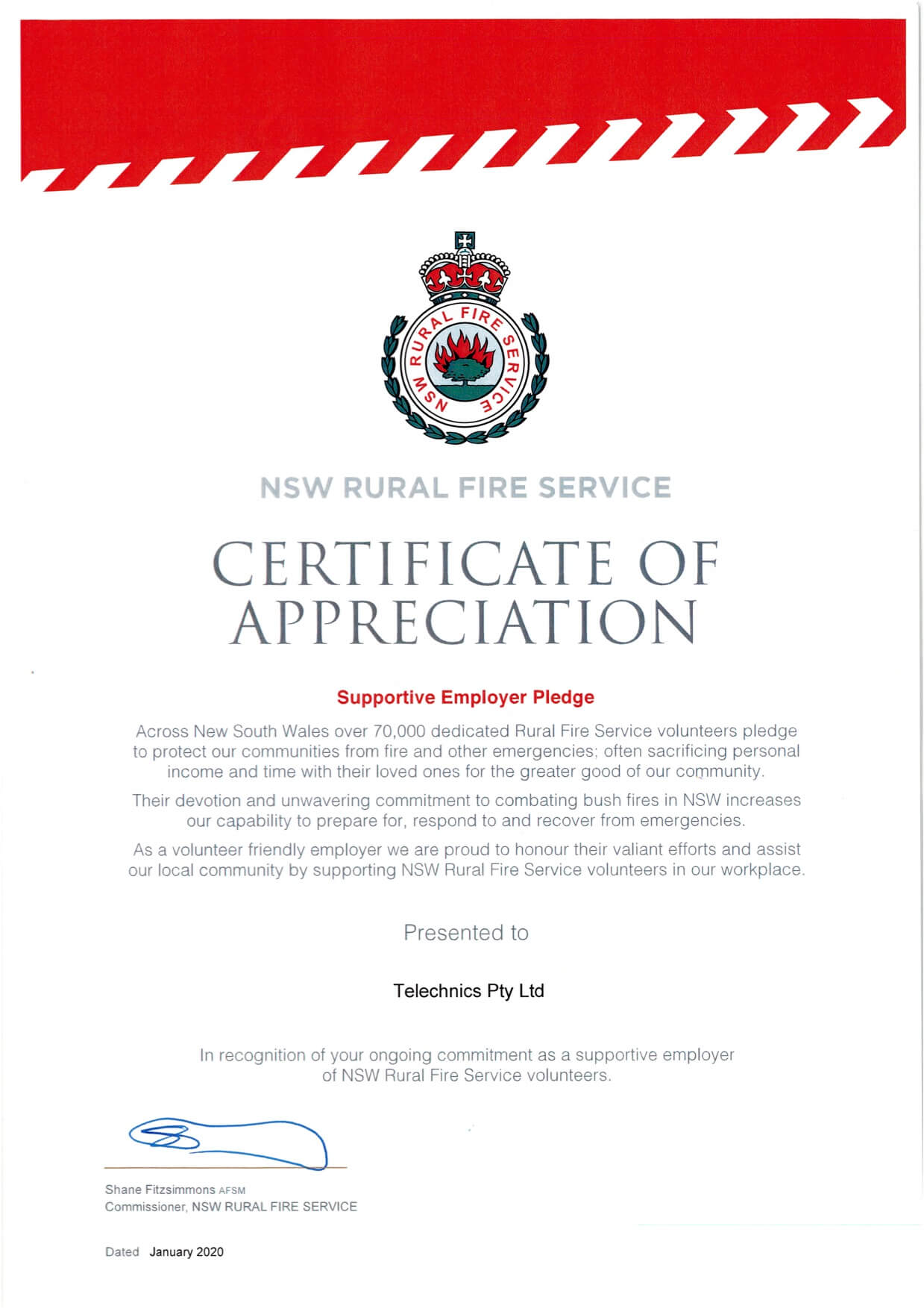 NSW Rural Fire Service Telechnics Certificate of Appreciation