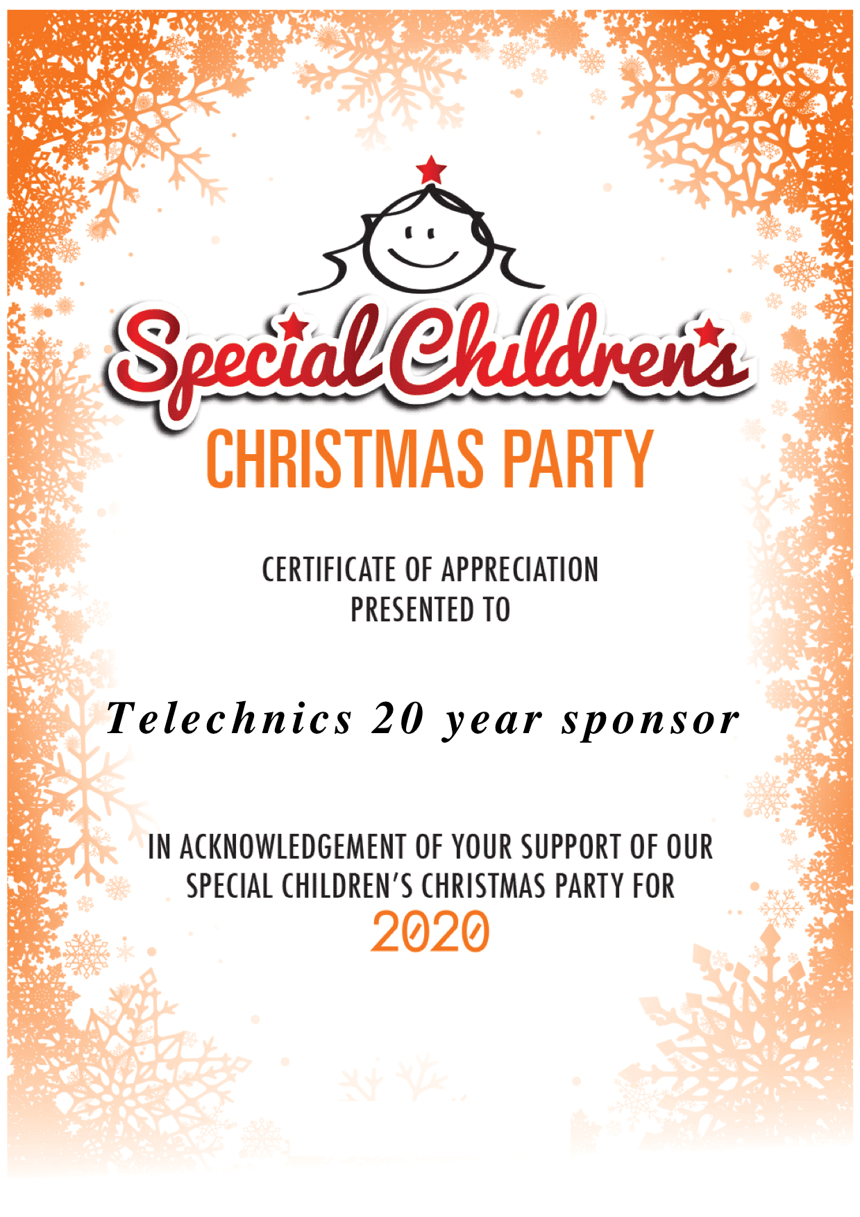 Special Children's Christmas Party, Telechnics 20 year sponsor